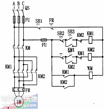 用三只交流接触器合成电机正反转控制电路  第1张