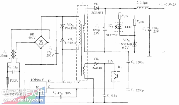 TOP101Y构成的+7.5V、2A输出的开关直流稳压电源电路  第1张