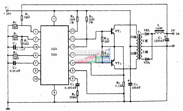 SG1524/SG3524推挽变换电源，输入28V，输出5V,5A  第1张