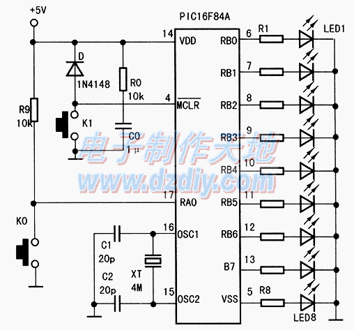 PIC16F84A单片机点LED灯电路及源程序  第1张