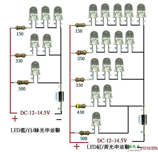 汽车上安装各色led所需电阻大小示意图  第1张