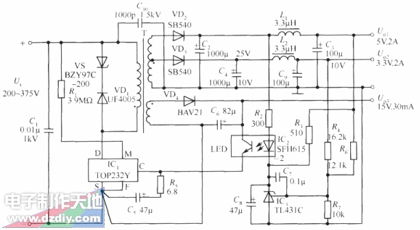 TOP232Y构成的5V/2A，3.3V/2A，15V/30mA 3路输出开关  第1张