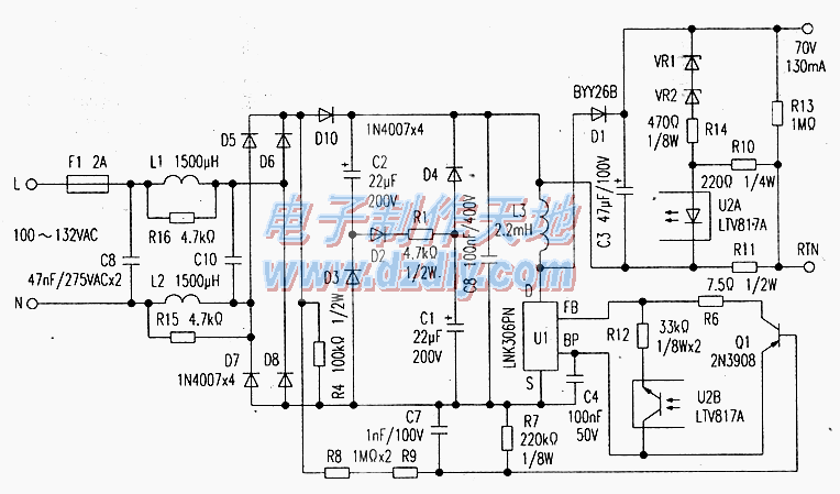 LNK306 LED灯驱动电路图  第1张