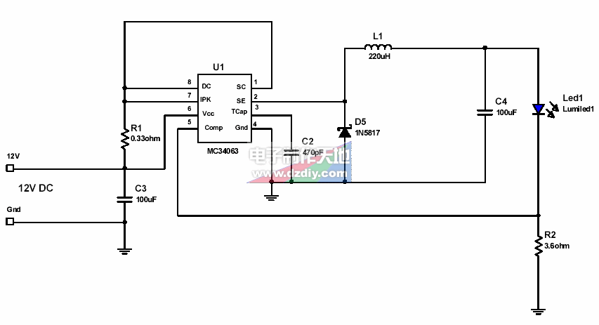 MC34063做的12V电源大功率LED恒流驱动电路  第1张