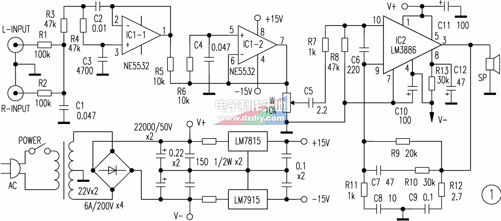 LM3886重低音电路图  第1张