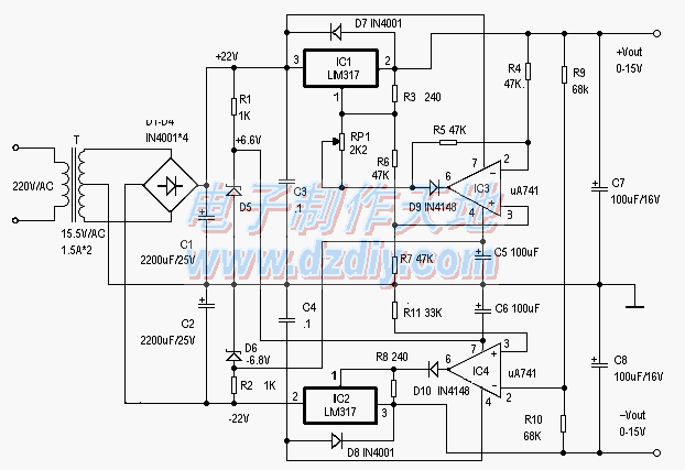 用LM317和UA741制作的0-±15V稳压电源  第1张