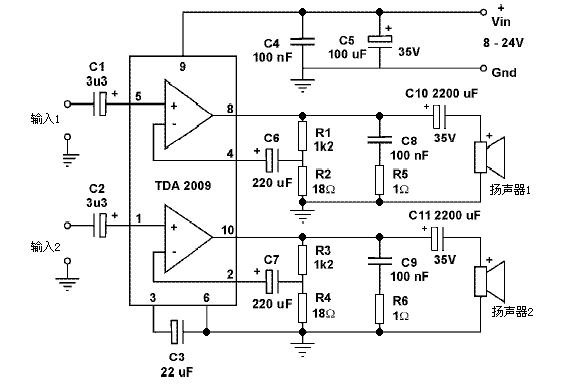 TDA2009功率放大器电路图  第2张