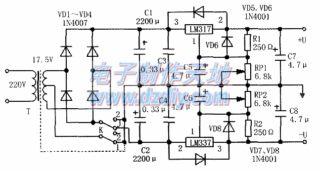 LM317可调直流稳压双电源电路  第1张