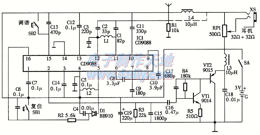 CD9088单片电调谐收音机电路图  第1张