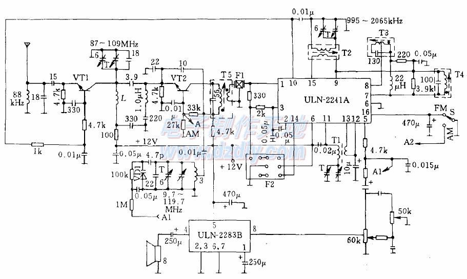 采用ULN-2241A和ULN-2283B的调幅／调频收音机电路  第1张