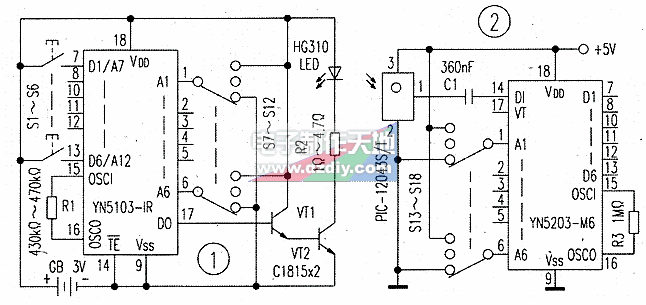 YN5103/YN5203数字编译码红外遥控电路  第2张