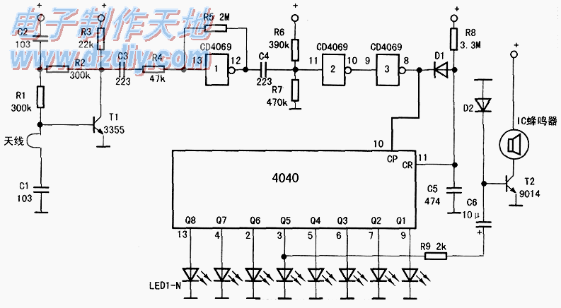 CD4040手机电磁辐射演示实验电路  第1张