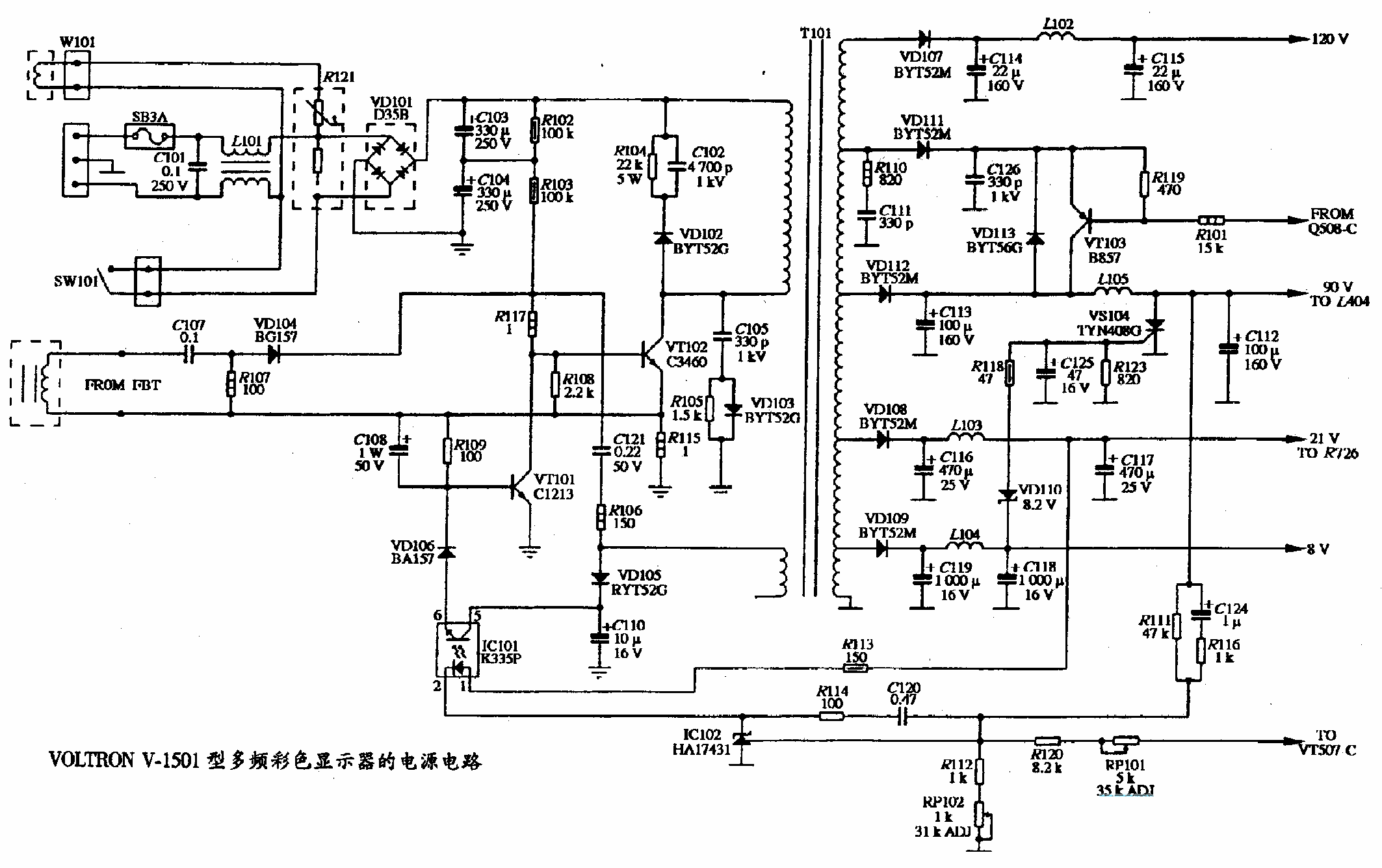 VOLTRON V-1501型多频彩色显示器的电源电路图  第1张