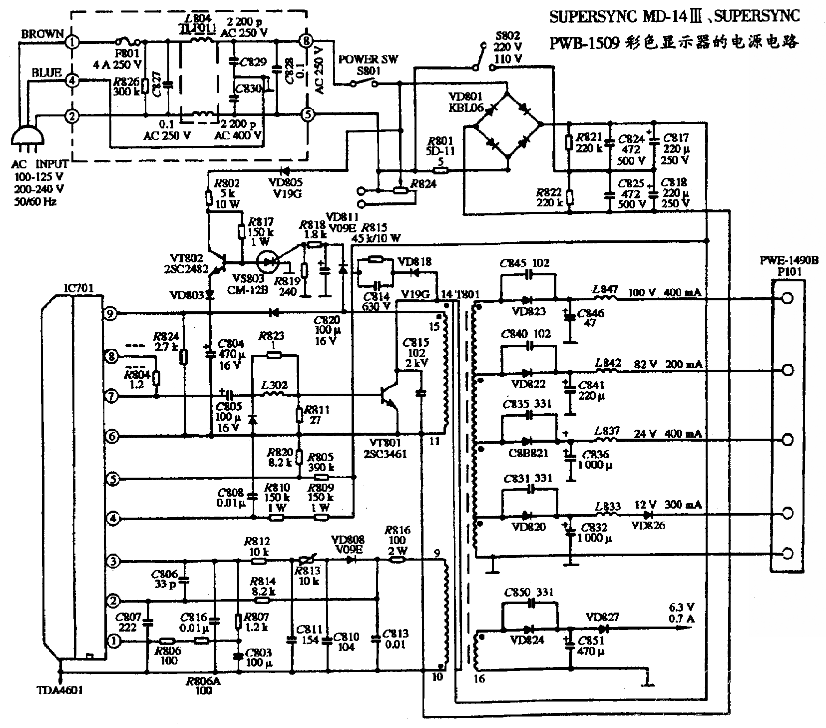 SUPERSYNC MD-14III、SUPERSYNC PWB-1509二种机型彩色显示器的电路  第1张