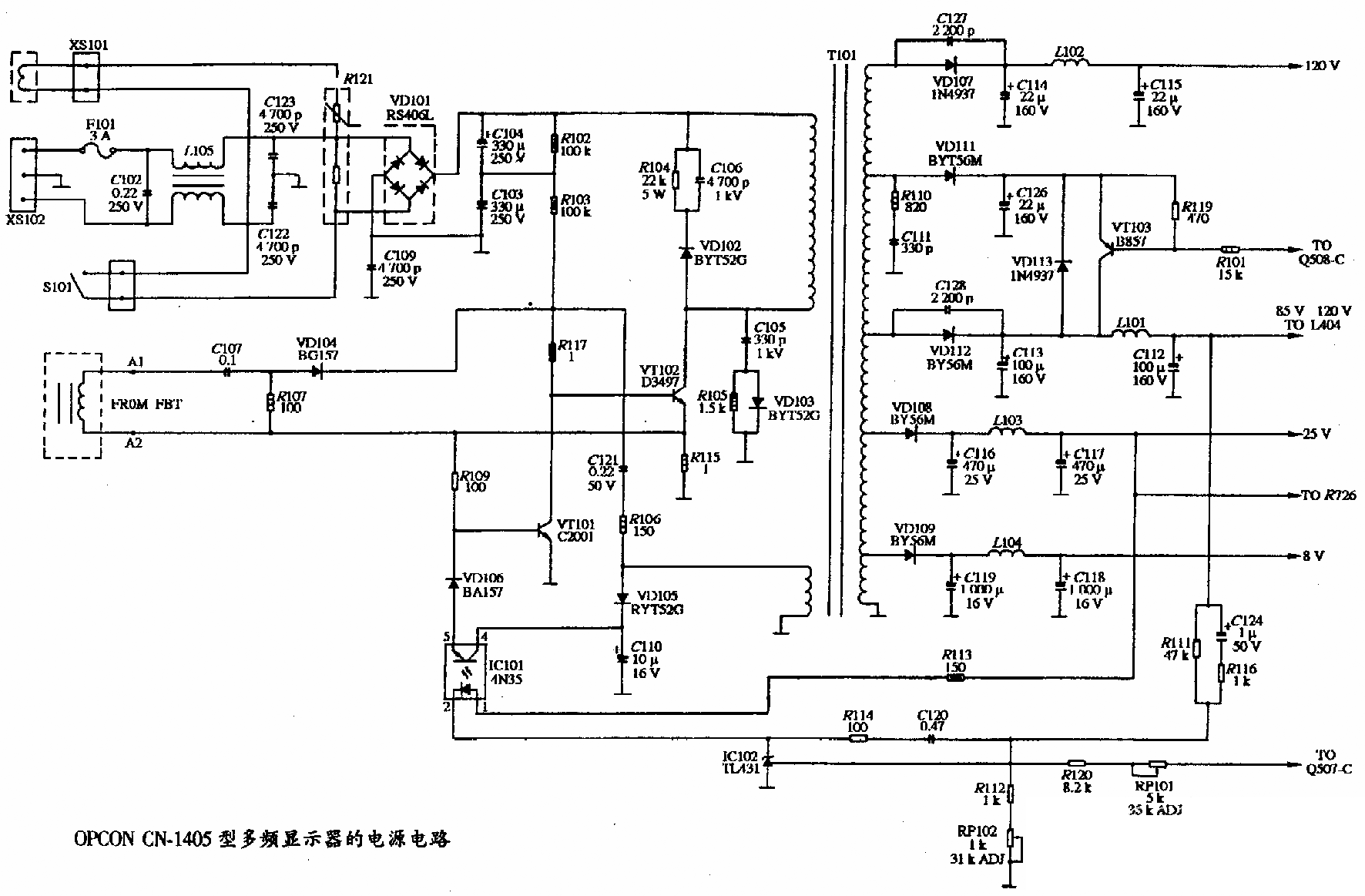 OPCON CN-1405型彩色显示器的电源电路图  第1张