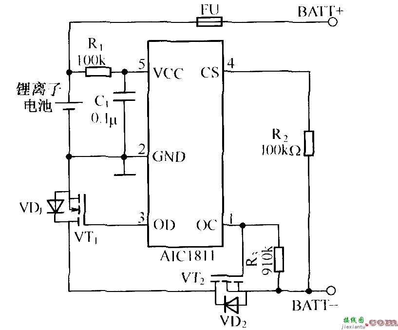 AICl811组成的单节锂离子电池保护电路  第1张