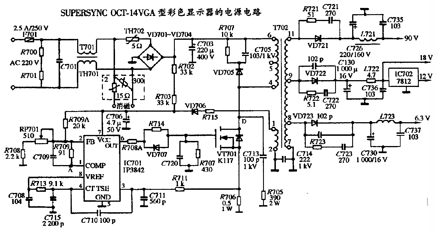 SUPERSYNC OCT-14VGA型彩色显示器的电源电路图  第1张