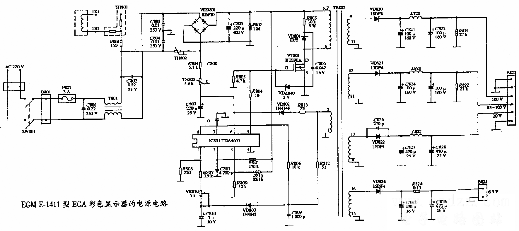 EGM E-1411彩色显示器的电源电路图  第1张