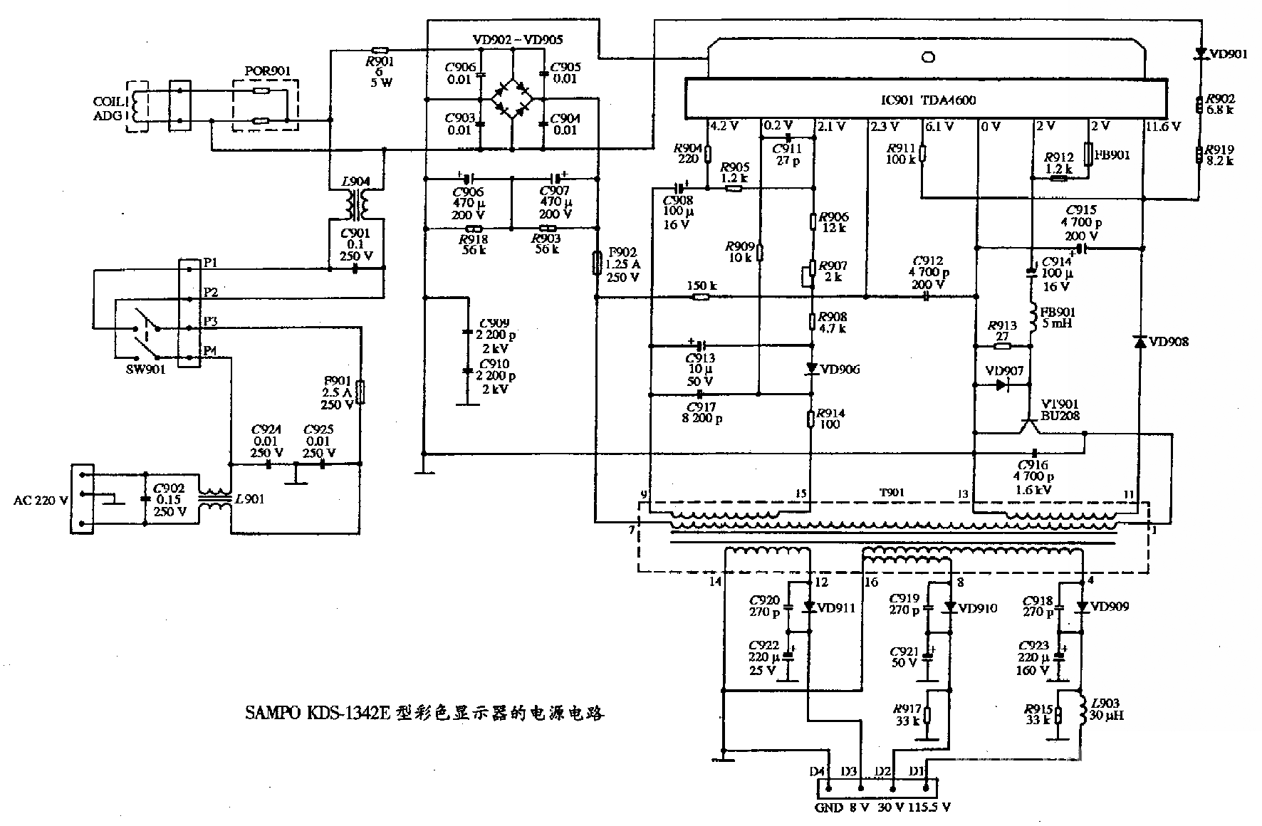 SAMPO KDS-1342E型彩色显示器的电源电路图  第1张