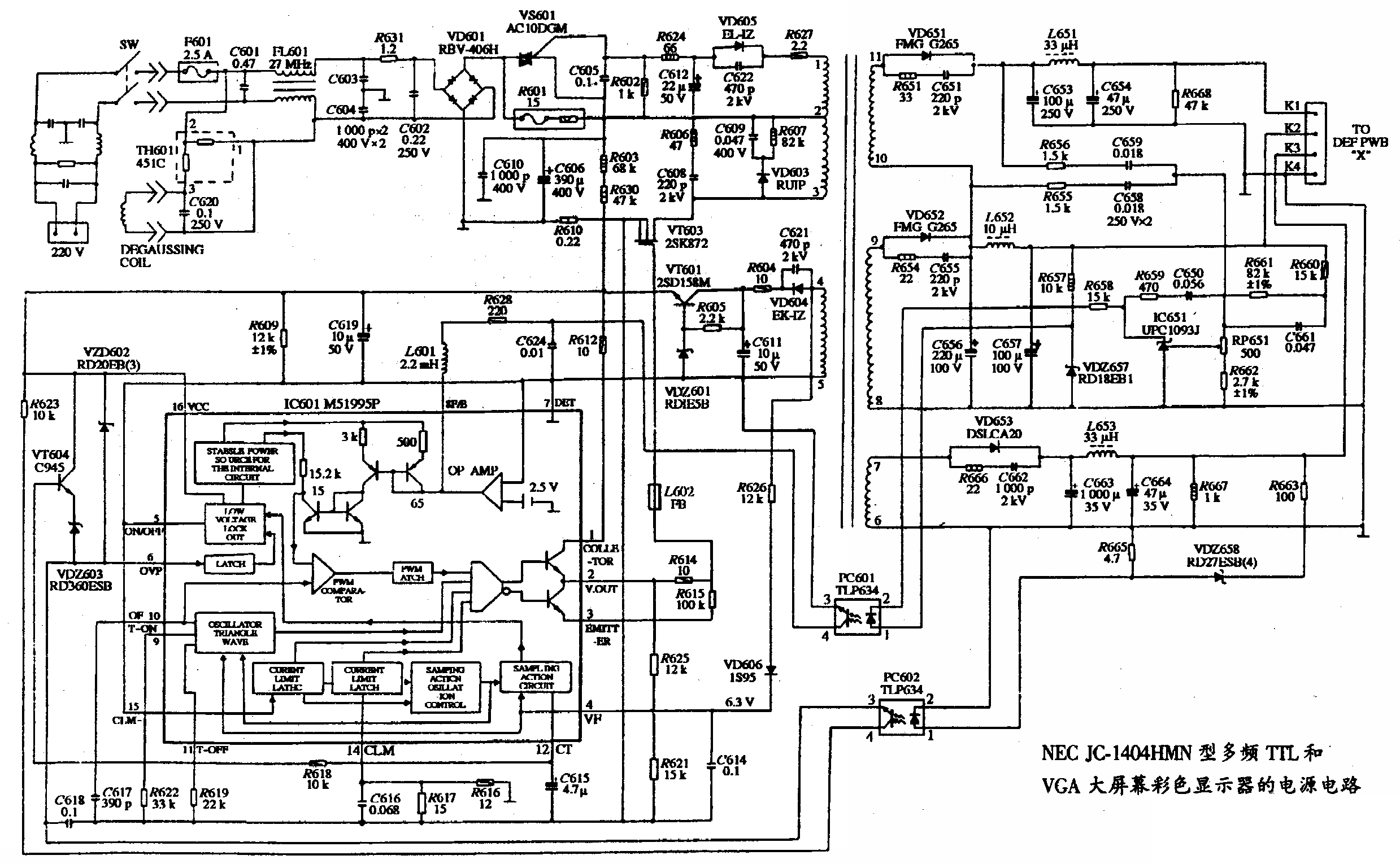 NEC JC-1404HMN型多频TTL和VGA大屏幕彩色显示器的电源电路图  第1张