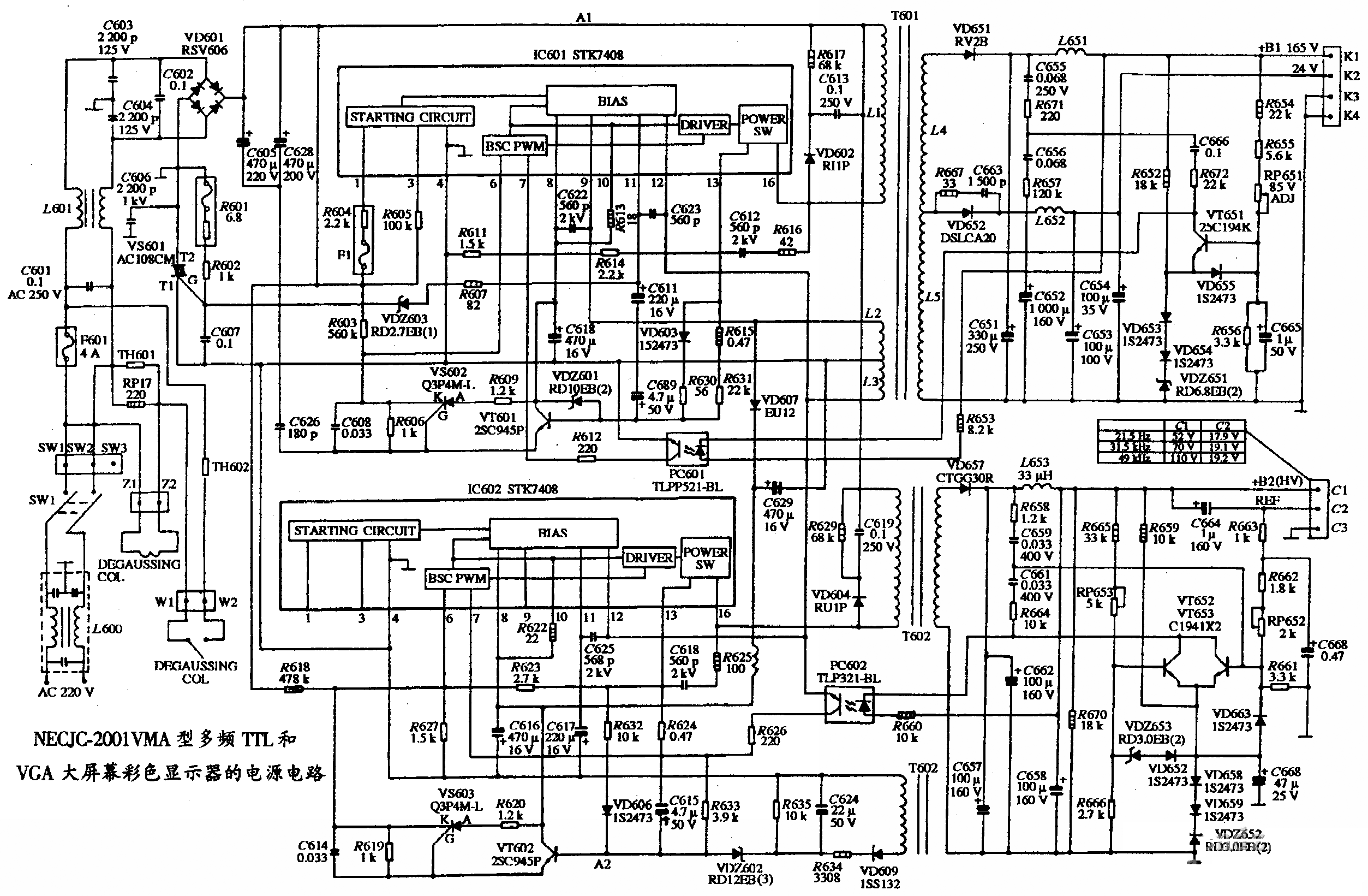 NEC JC-2001VMA型多频TTL和VGA大屏幕彩色显示器的电源电路图  第1张