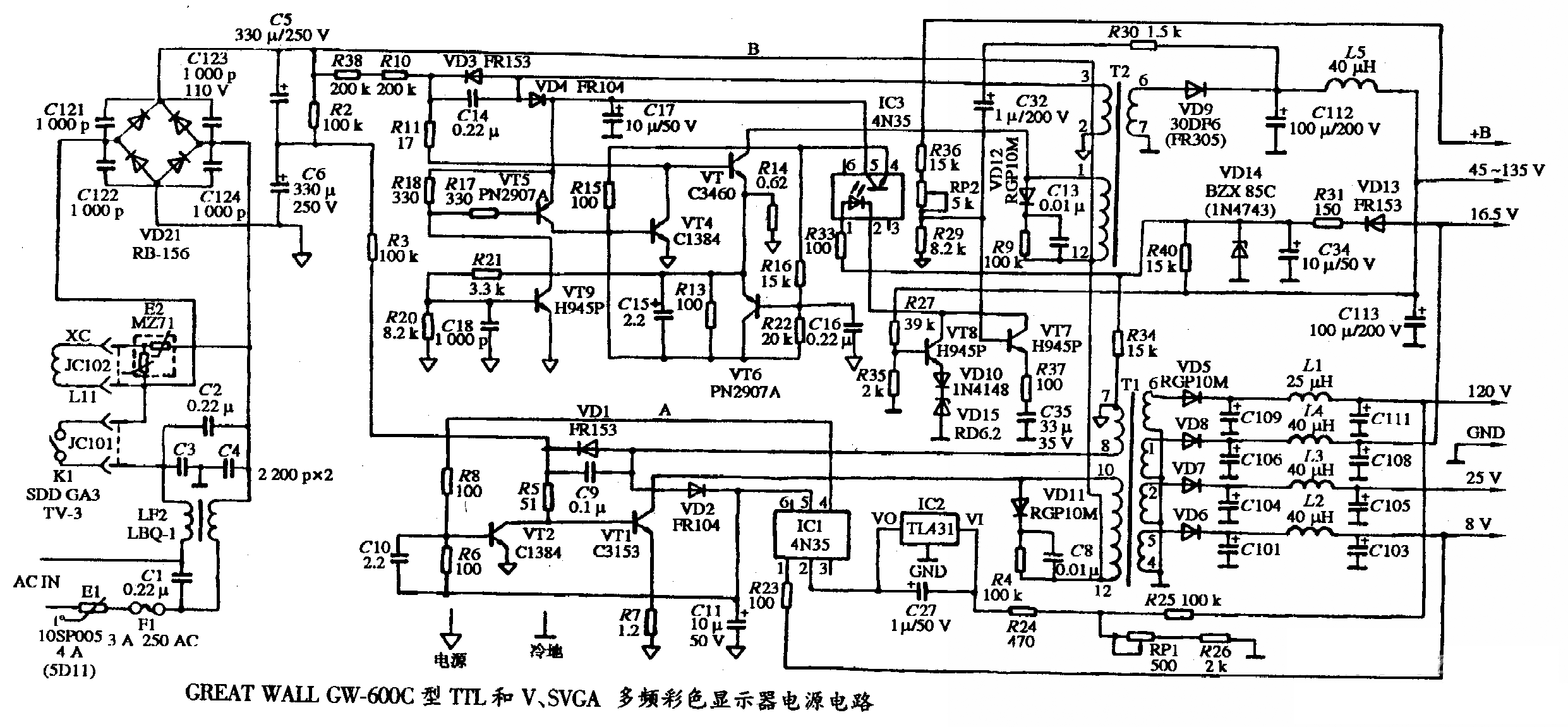 GREAT WALL GW-600C型TTL和V、SVGA多频彩色显示器的电源电路图  第1张