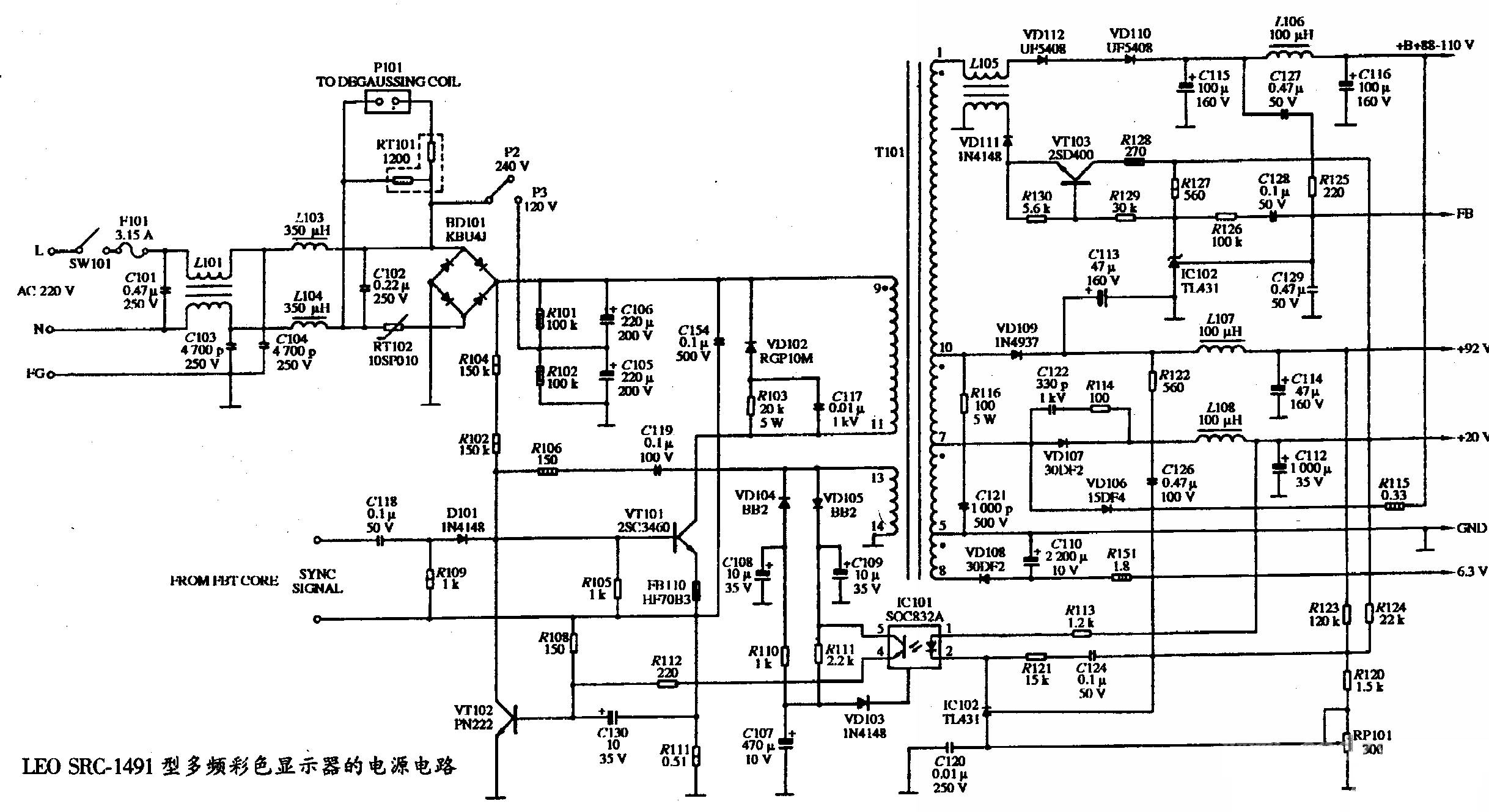 LEO SRC-1491型多频彩色显示器的电源电路图  第1张