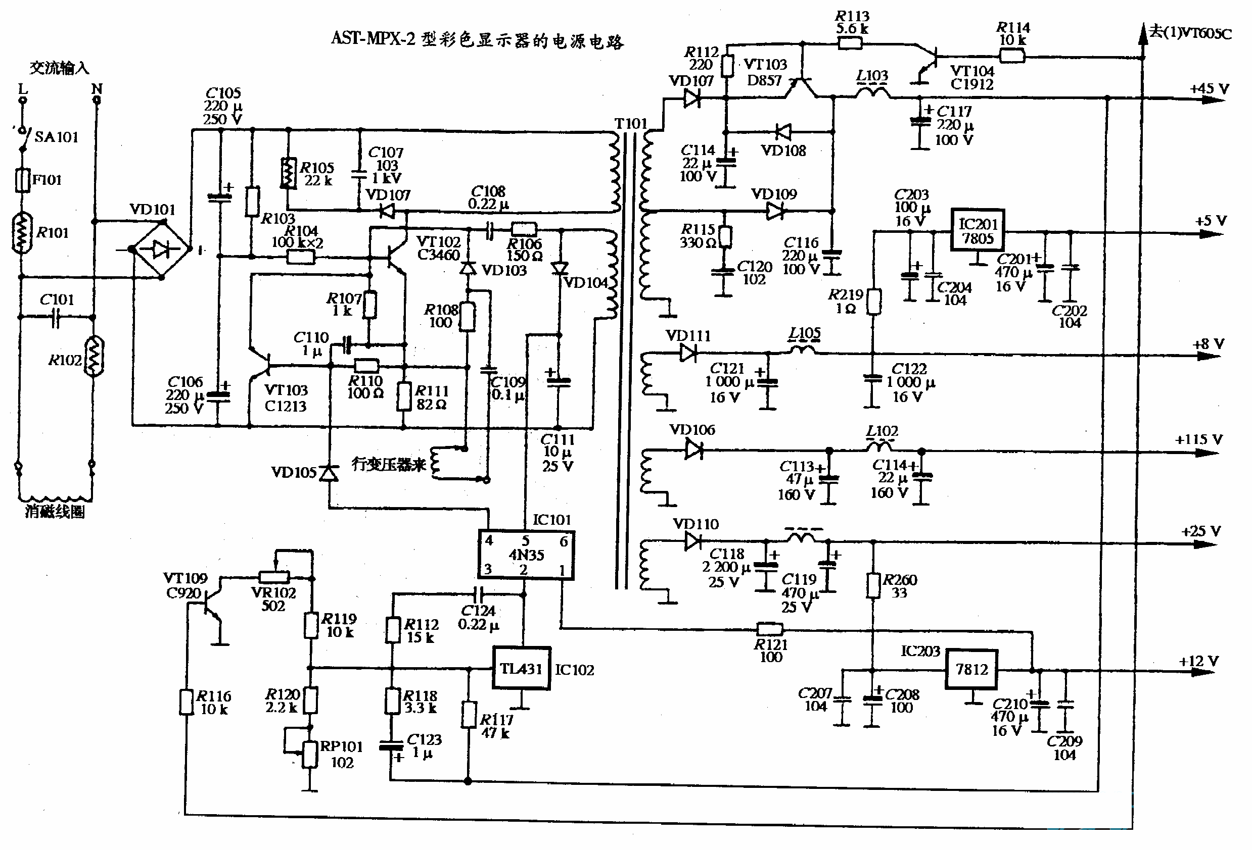 AST MPX-2型彩色显示器的电源电路图  第1张