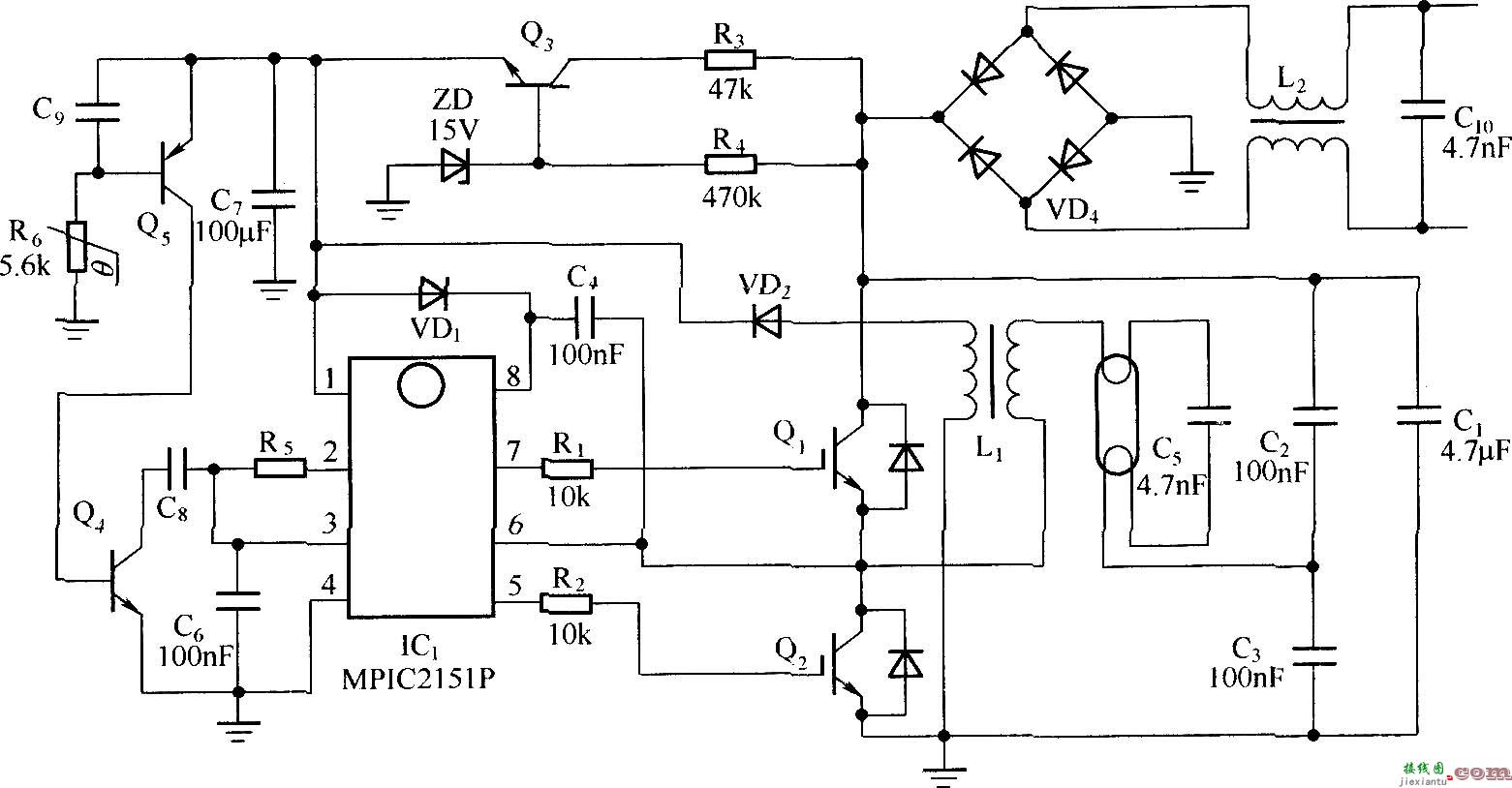 以MPIC2151P和PowerLuxTM IGBT构成的CFL电子镇流器电路  第1张