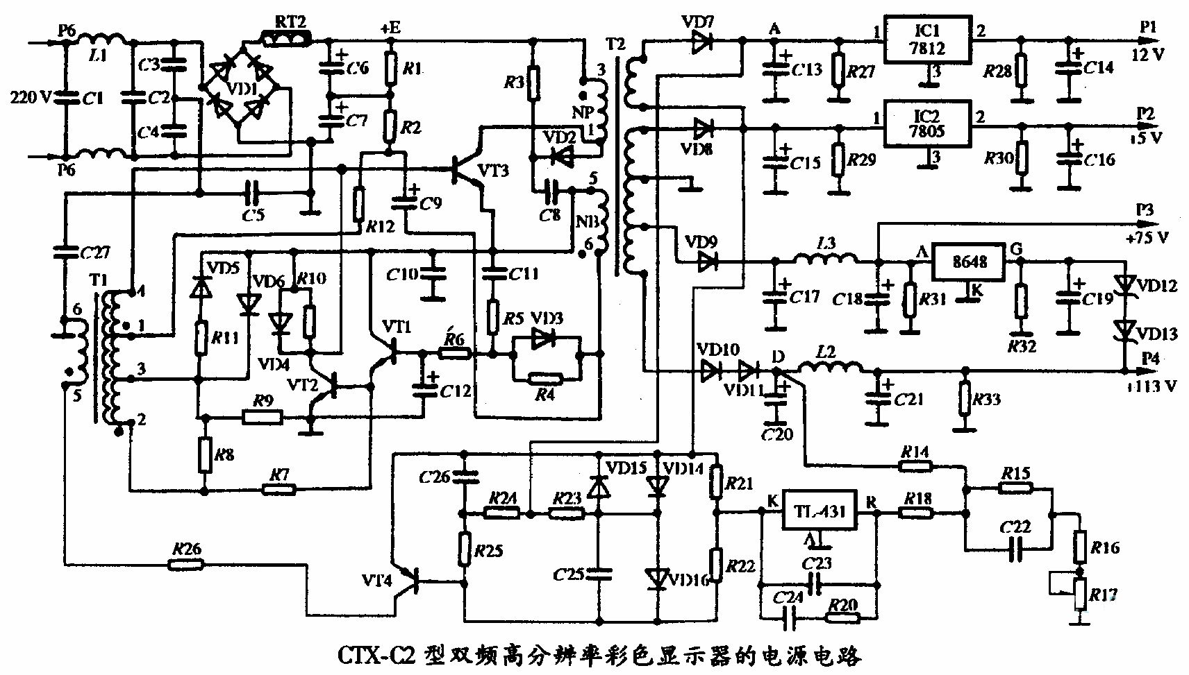 CTX C2型双频高分辨率彩色显示器的电源电路图  第1张