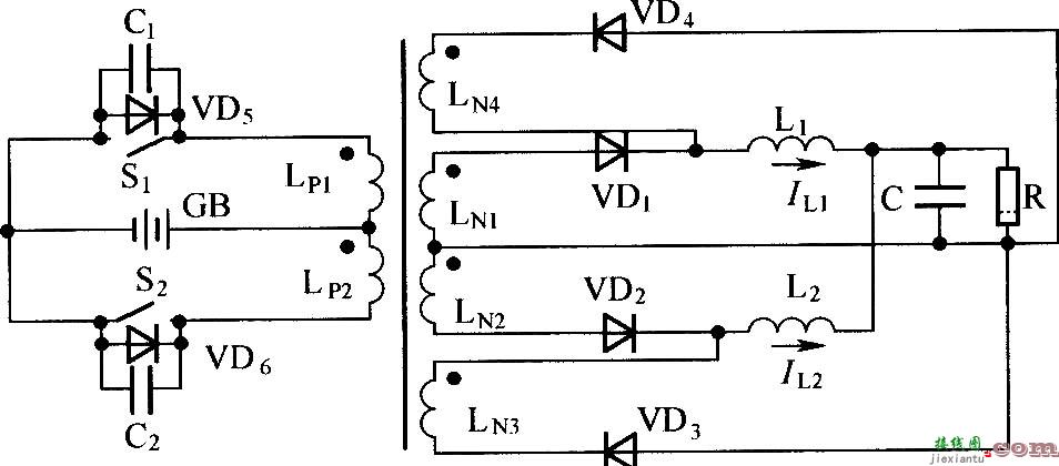 电感分裂式推挽换向软开关电路  第1张