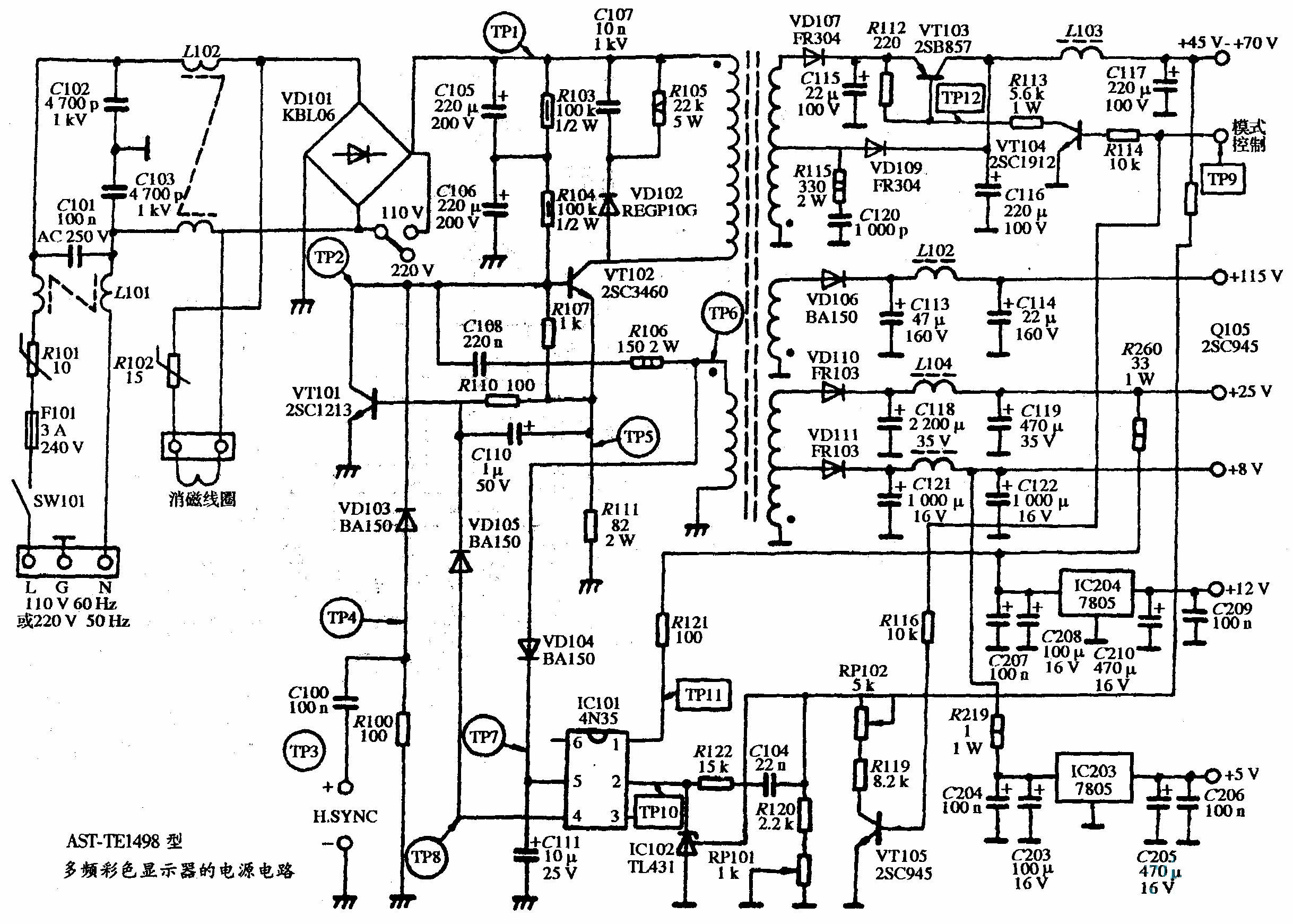 AST-TE1498型多频彩色显示器的电源电路图  第1张