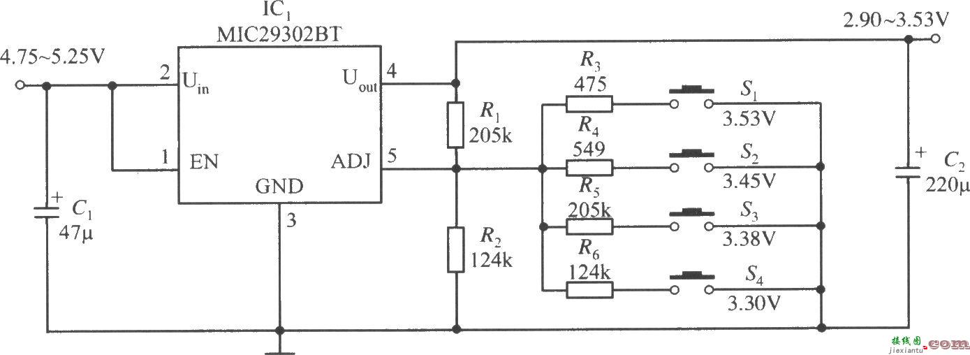 MIC29302构成的输出电压可分挡选择的稳压器电路  第1张