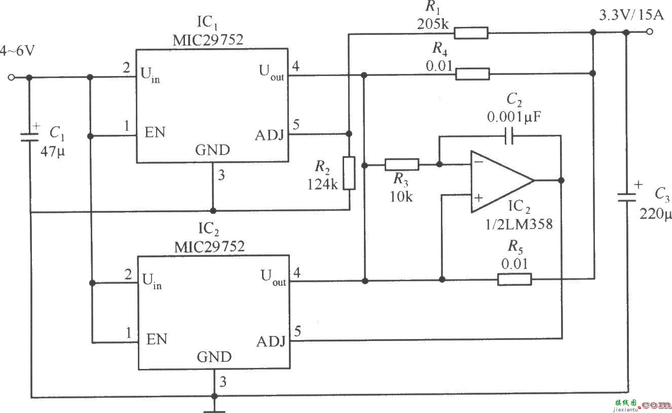两片MIC29752并联工作构成的稳压器电路  第1张