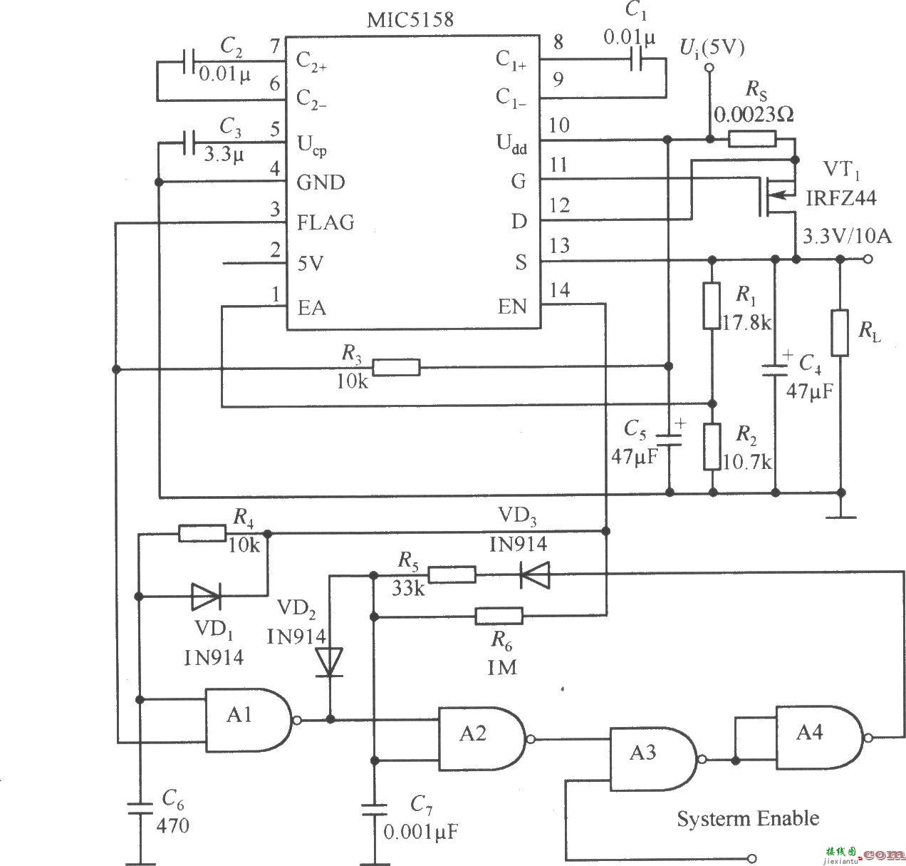 MIC5158与一些其他器件构成的5V输入、3.3V／10A输出并且具有短路保护功能  第1张