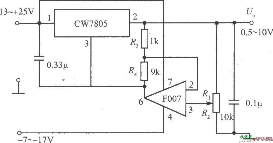 由CW7800和F007构成的输出电压可下调到0.5V的集成稳压电源电路  第1张