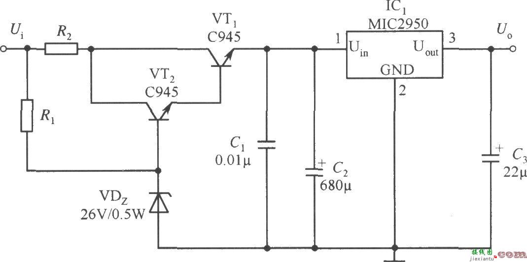 提高MIC2950的输入电压范围的稳压器电路  第1张