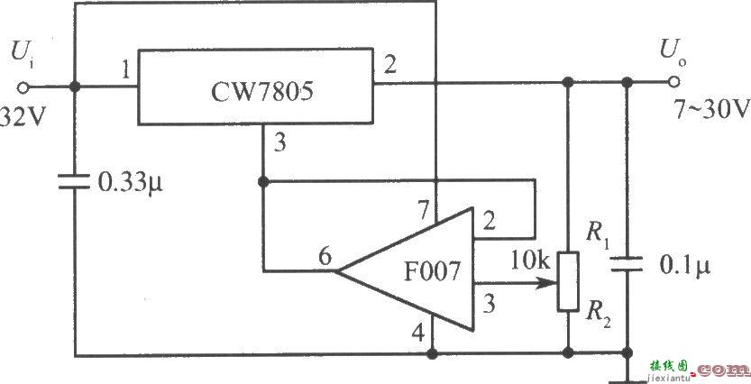 由CW7800和F007构成的7～30V的可调输出集成稳压电源电路  第1张