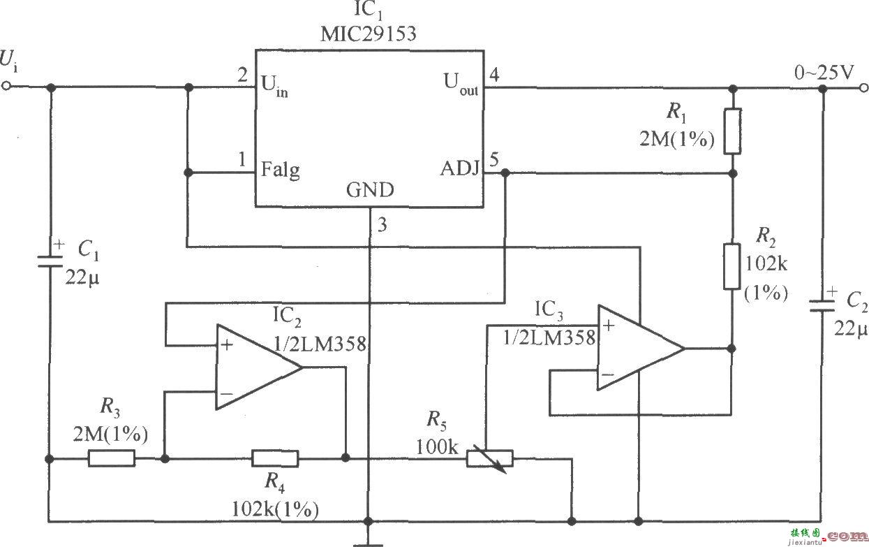 MIC29153构成的输出电压0～25V连续可调的稳压器电路  第1张