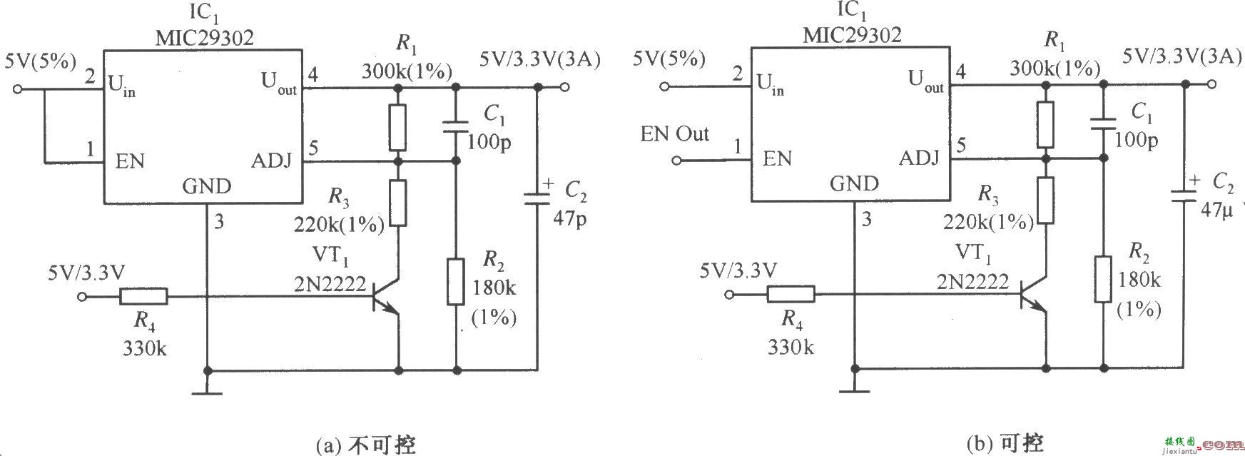 MIC29302构成的输出电压为3.3V／5V可选择的稳压器电路  第1张