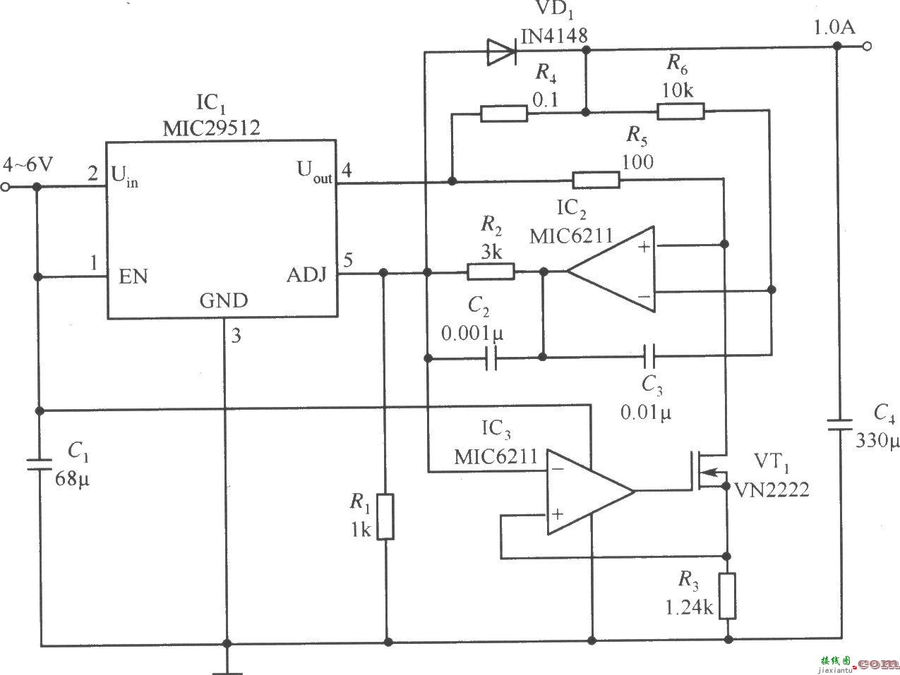 MIC29152构成的输出电流为1.0A的恒流源电路  第1张