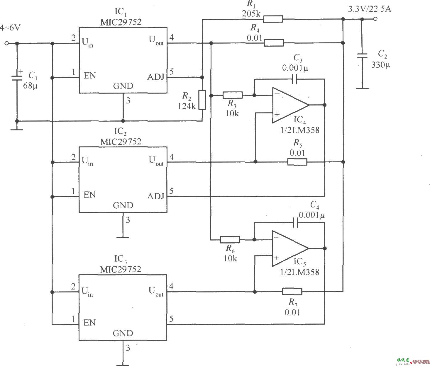 多个MIC29752并联工作构成大电流输出的稳压器电路  第1张