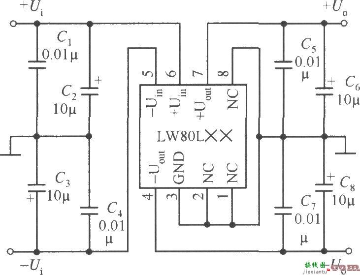 LW80L××系列固定输出正负电压双输出集成稳压器的典型应用电路  第1张