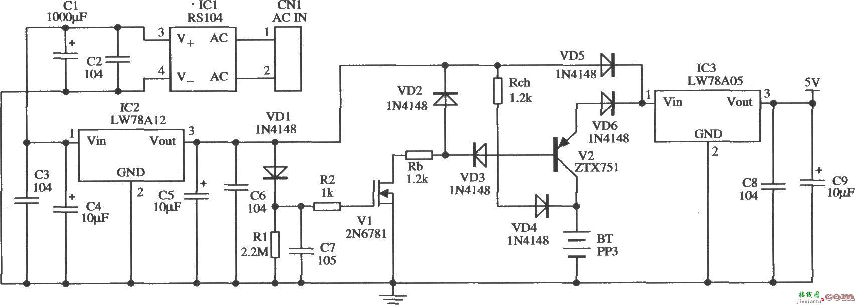 由LW78A12组成的内含稳定的瞬时备用的5V电源的应用电路  第1张