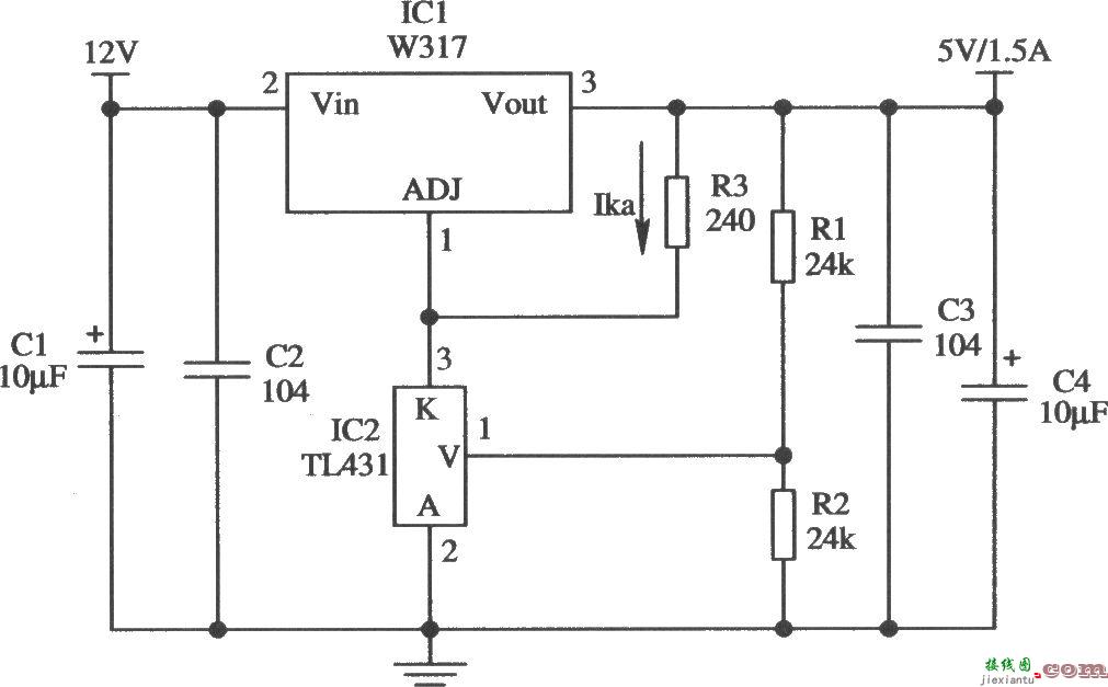 由Wll7／W217／W317构成的5V／1．5A精密稳压器的应用电路  第1张