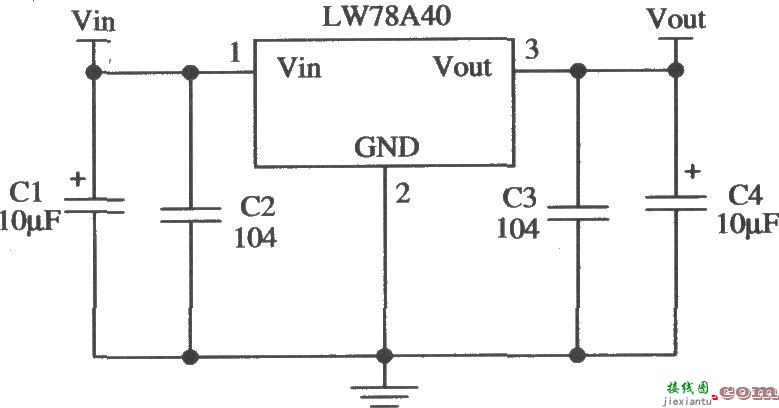 三端固定输出正集成稳压器LW78A40的典型应用电路  第1张