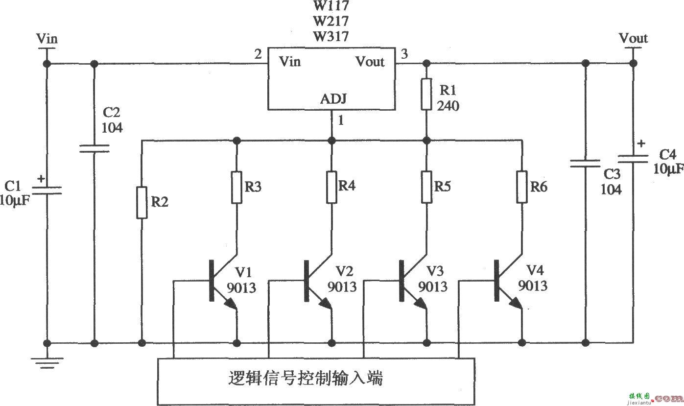 由Wll7／W217／W317构成的可进行数字选择输出电压的稳压器应用电路  第1张