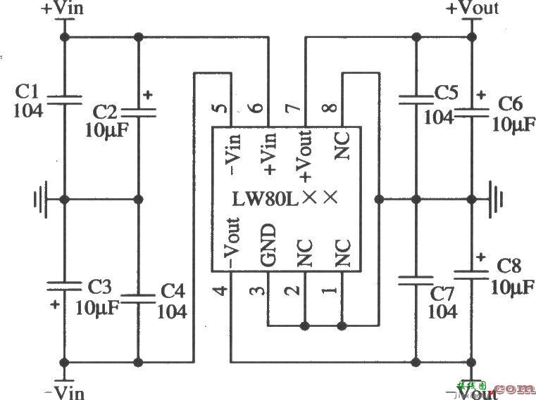 正负双集成稳压器LW80L××的典型应用电路  第1张