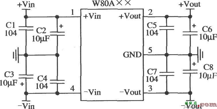 五端固定输出正负双集成稳压器LW80A××的典型应用电路  第1张