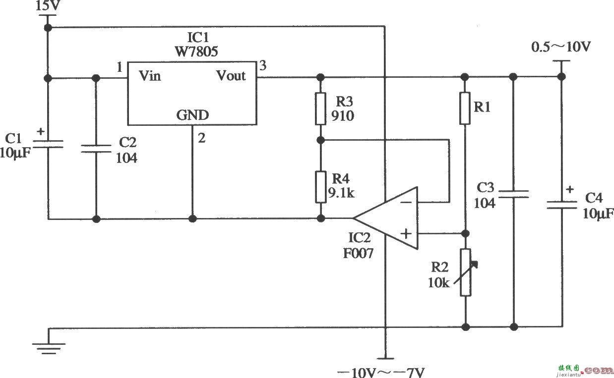 由W7805够车工内的输出电压0.5～10V连续可调的应用电路  第1张